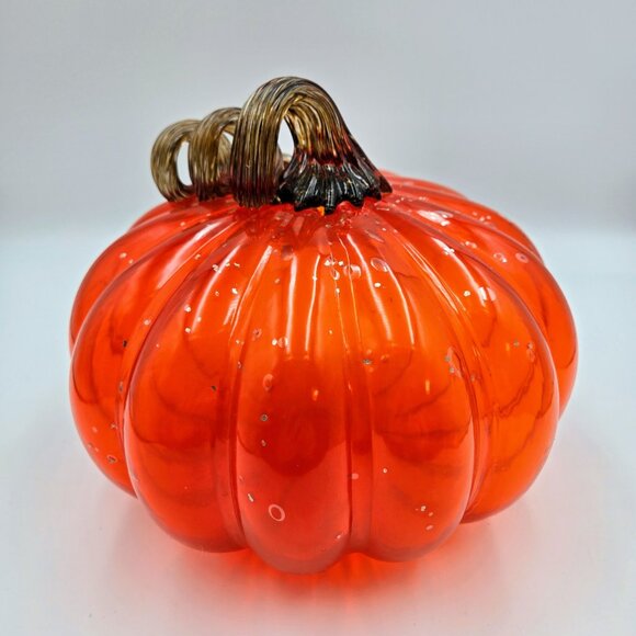 Hand Blown Art Glass Pumpkin Orange Gold Flecks Stem Halloween Fall Decoration - Picture 7 of 10